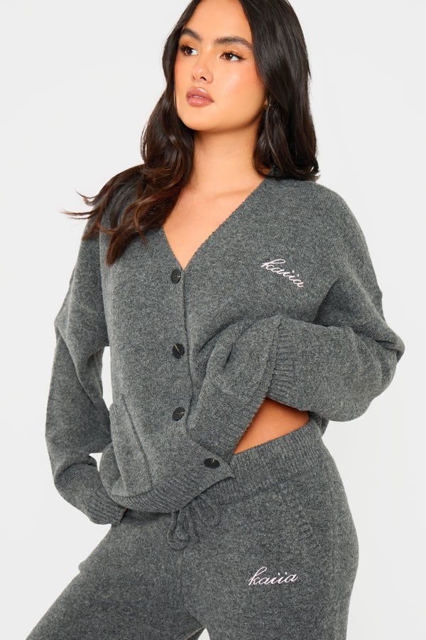 Kaiia Knit Button Down Pocket Cardigan Charcoal