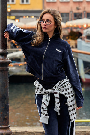 Kaiia Velour Side Stripe Funnel Neck Zip Through Cropped Sweatshirt Navy & Baby Blue