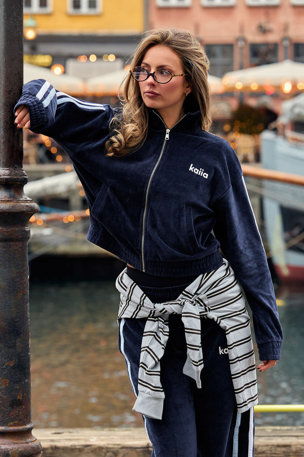 Kaiia Velour Side Stripe Funnel Neck Zip Through Cropped Sweatshirt Navy & Baby Blue