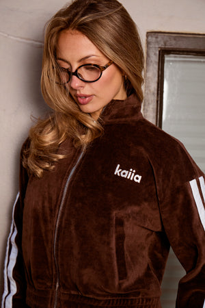 Kaiia Velour Side Stripe Funnel Neck Zip Through Cropped Sweatshirt Chocolate & Cream