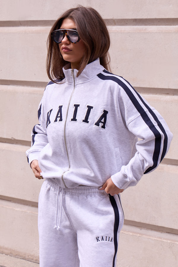 Kaiia Sport Side Stripe Funnel Neck Zip Through Sweatshirt Light Grey Marl & Navy