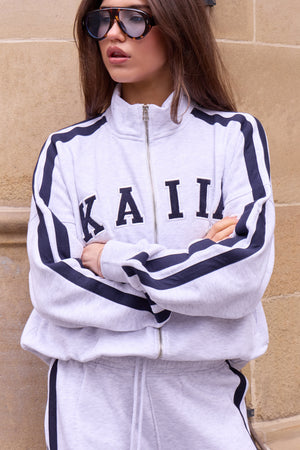 Kaiia Sport Side Stripe Funnel Neck Zip Through Sweatshirt Light Grey Marl & Navy