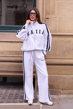Kaiia Sport Side Stripe Funnel Neck Zip Through Sweatshirt Light Grey Marl & Navy