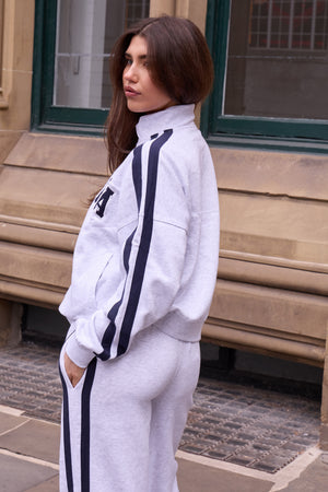 Kaiia Sport Side Stripe Funnel Neck Zip Through Sweatshirt Light Grey Marl & Navy