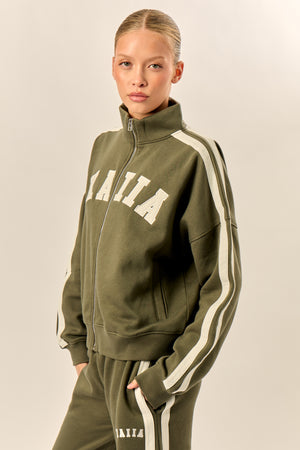 Kaiia Sport Stripe Funnel Neck Zip Through Sweatshirt Olive & Cream