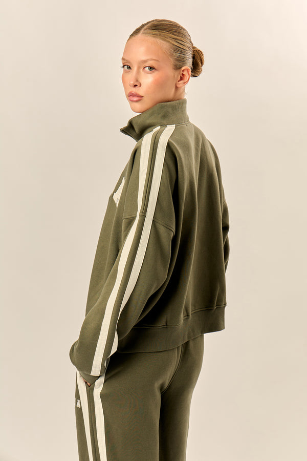 Kaiia Sport Stripe Funnel Neck Zip Through Sweatshirt Olive & Cream
