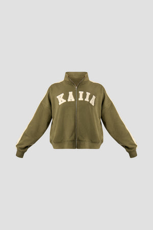 Kaiia Sport Stripe Funnel Neck Zip Through Sweatshirt Olive & Cream