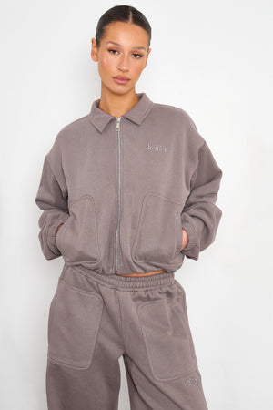 Kaiia Pocket Detail Zip Through Sweatshirt Silver Grey
