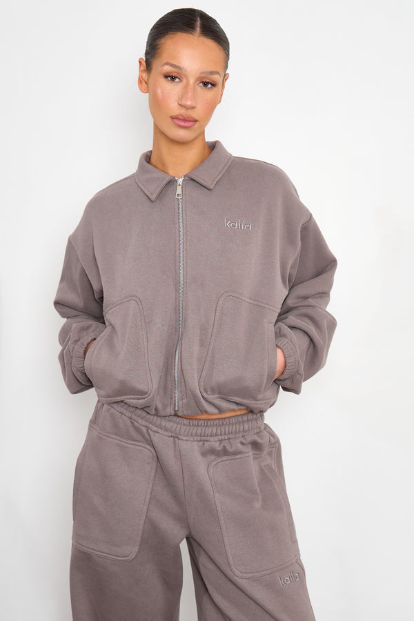 Kaiia Pocket Detail Zip Through Sweatshirt Silver Grey