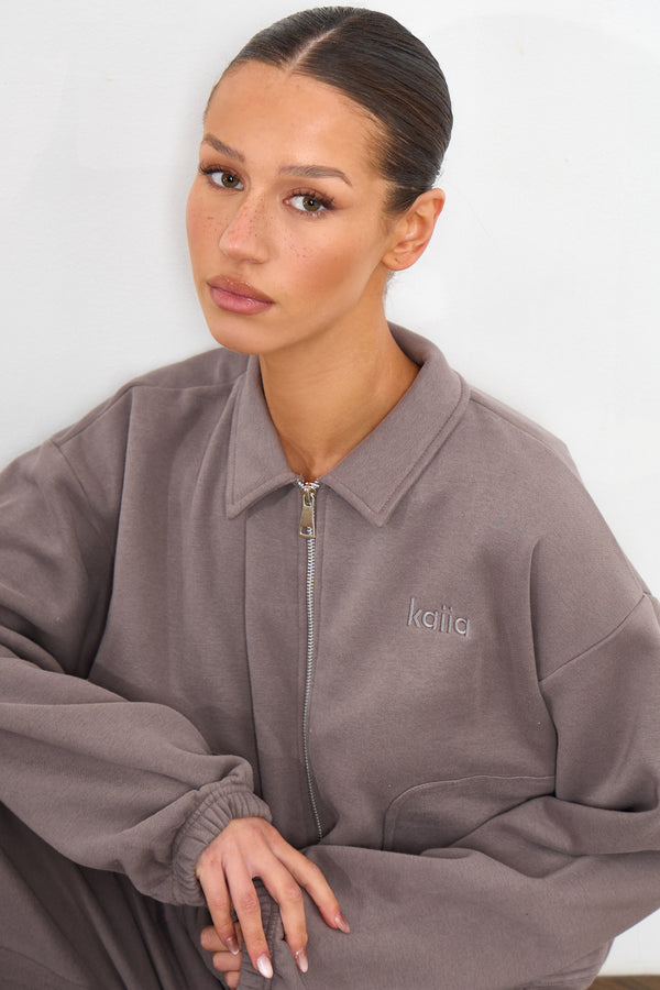 Kaiia Pocket Detail Zip Through Sweatshirt Silver Grey