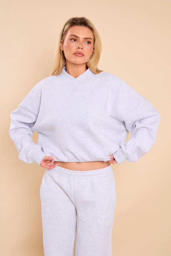 Kaiia V Neck Oversized Sweatshirt Light Grey Marl