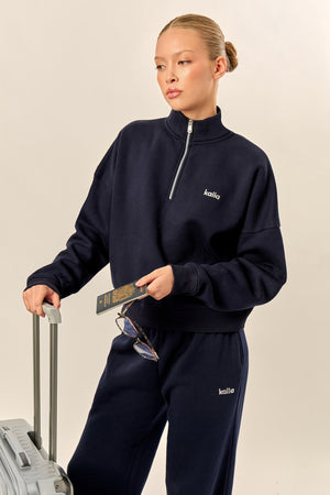 Kaiia Chrome Logo Oversized Quarter Zip Sweatshirt Navy