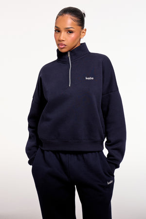 Kaiia Chrome Logo Oversized Quarter Zip Sweatshirt Navy