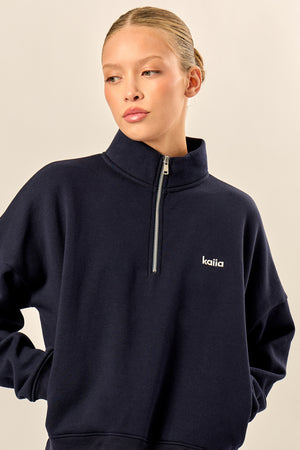 Kaiia Chrome Logo Oversized Quarter Zip Sweatshirt Navy