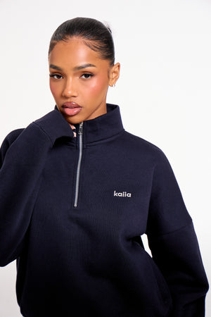 Kaiia Chrome Logo Oversized Quarter Zip Sweatshirt Navy