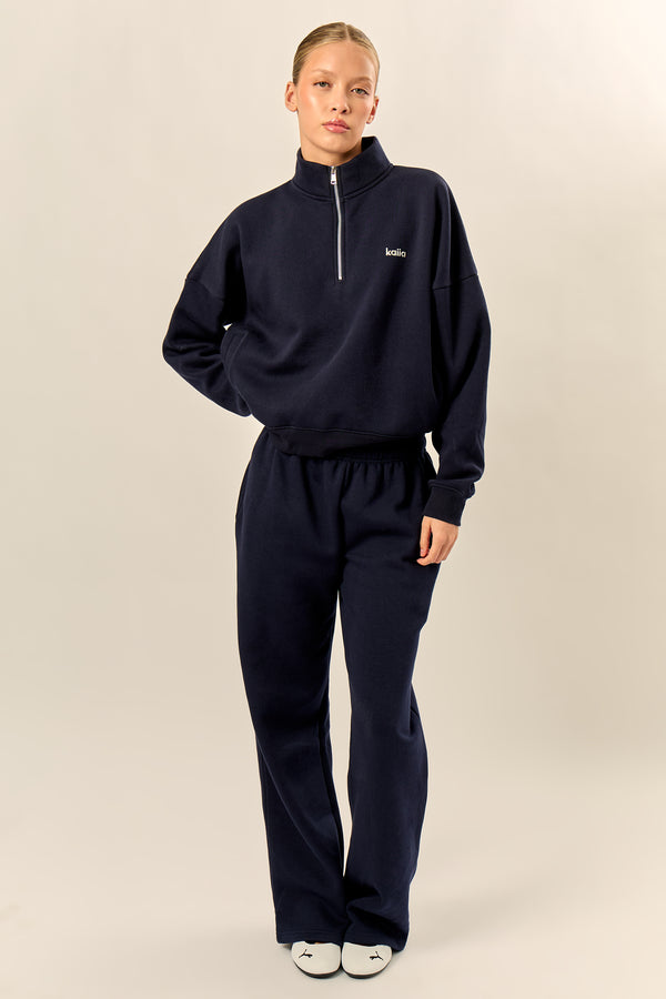 Kaiia Chrome Logo Oversized Quarter Zip Sweatshirt Navy