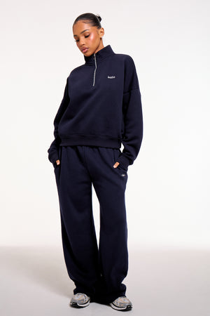 Kaiia Chrome Logo Oversized Quarter Zip Sweatshirt Navy