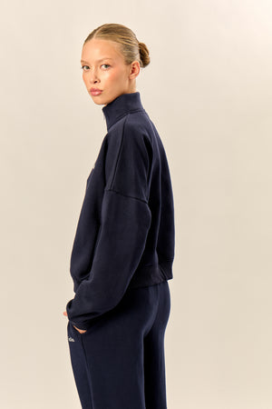 Kaiia Chrome Logo Oversized Quarter Zip Sweatshirt Navy