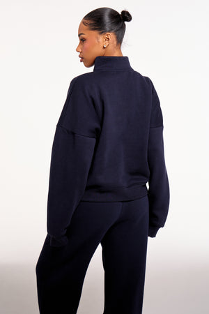 Kaiia Chrome Logo Oversized Quarter Zip Sweatshirt Navy