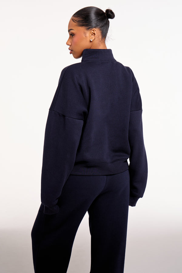 Kaiia Chrome Logo Oversized Quarter Zip Sweatshirt Navy