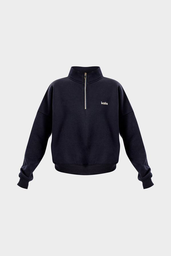 Kaiia Chrome Logo Oversized Quarter Zip Sweatshirt Navy