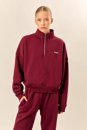 Kaiia Chrome Logo Oversized Quarter Zip Sweatshirt Burgundy