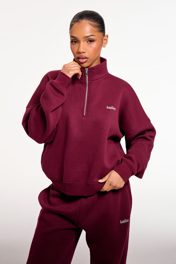 Kaiia Chrome Logo Oversized Quarter Zip Sweatshirt Burgundy