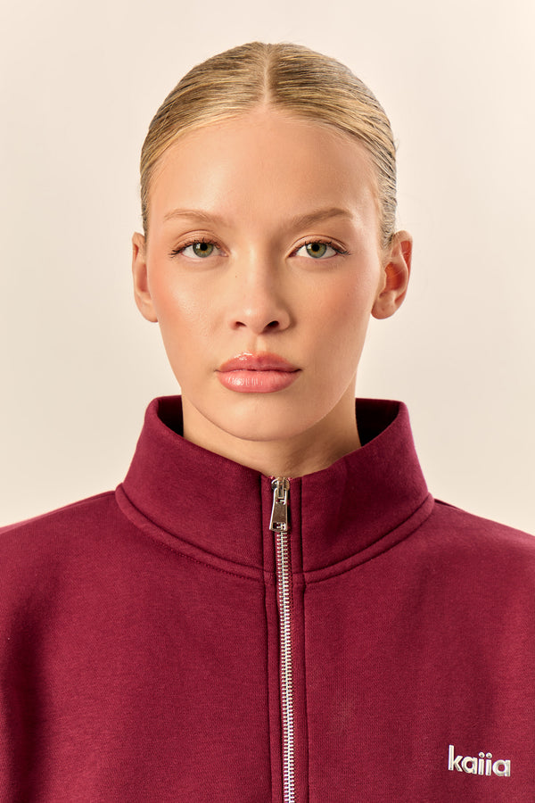Kaiia Chrome Logo Oversized Quarter Zip Sweatshirt Burgundy