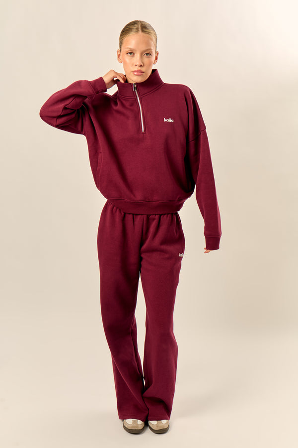 Kaiia Chrome Logo Oversized Quarter Zip Sweatshirt Burgundy