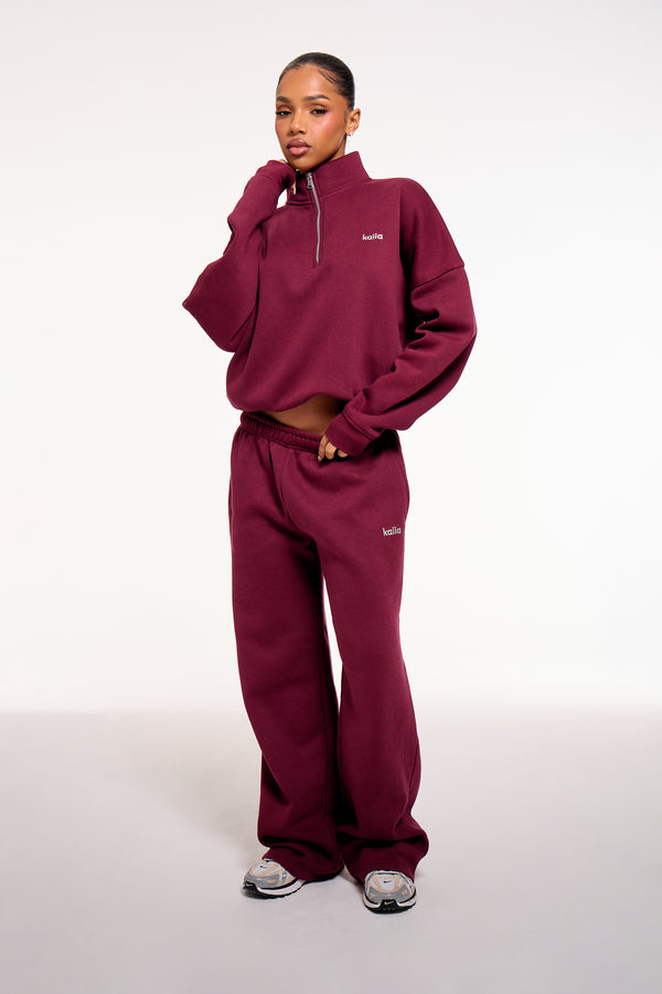 Kaiia Chrome Logo Oversized Quarter Zip Sweatshirt Burgundy