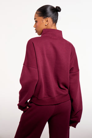 Kaiia Chrome Logo Oversized Quarter Zip Sweatshirt Burgundy
