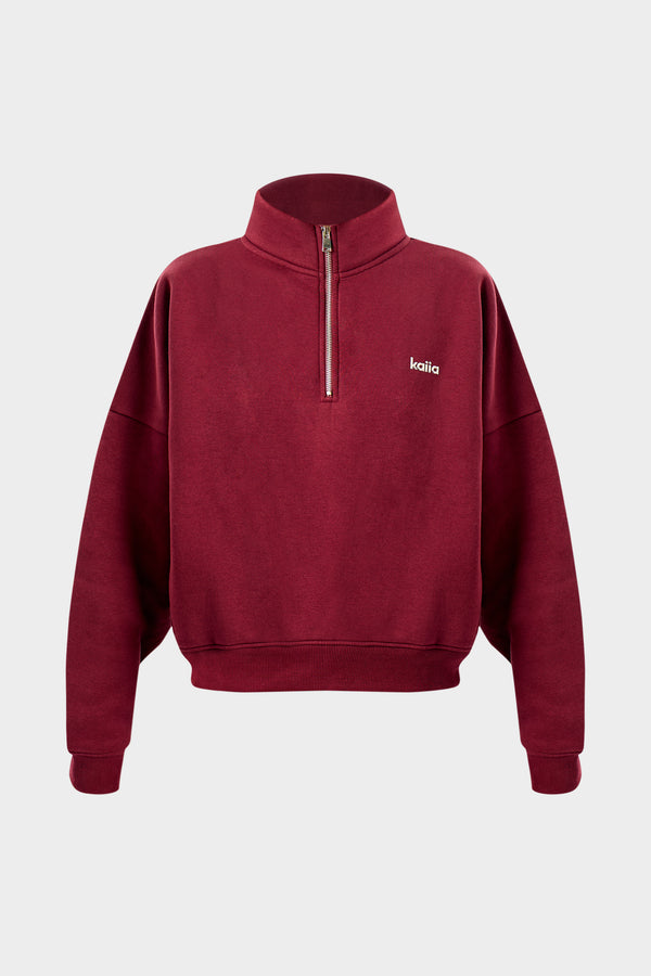 Kaiia Chrome Logo Oversized Quarter Zip Sweatshirt Burgundy
