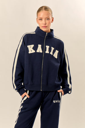 Kaiia Sport Stripe Funnel Neck Zip Through Sweatshirt Navy & Cream