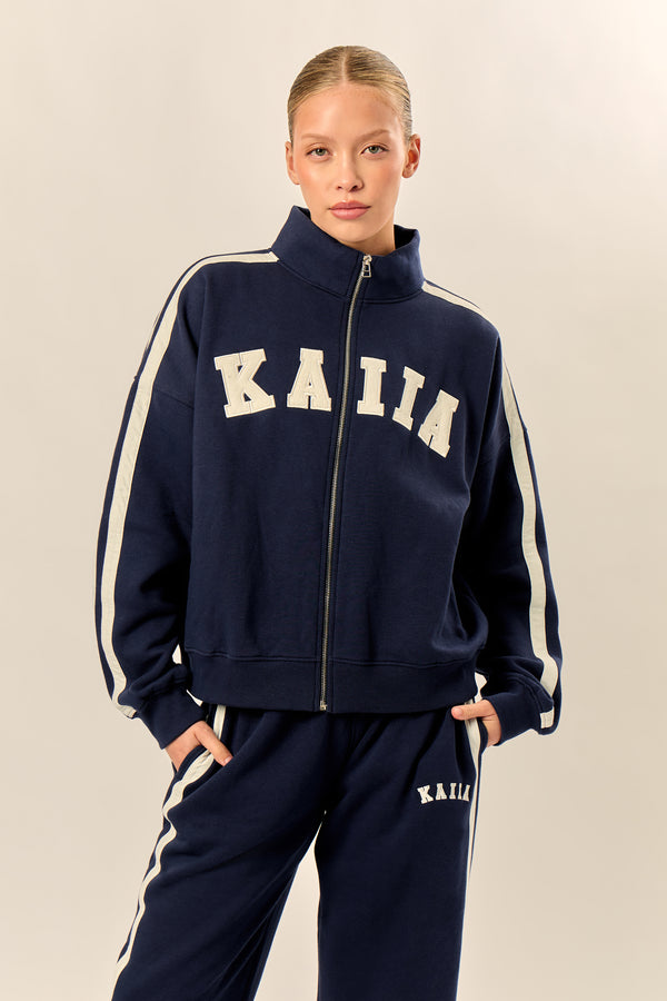 Kaiia Sport Stripe Funnel Neck Zip Through Sweatshirt Navy & Cream