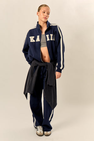 Kaiia Sport Stripe Funnel Neck Zip Through Sweatshirt Navy & Cream