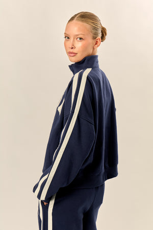 Kaiia Sport Stripe Funnel Neck Zip Through Sweatshirt Navy & Cream
