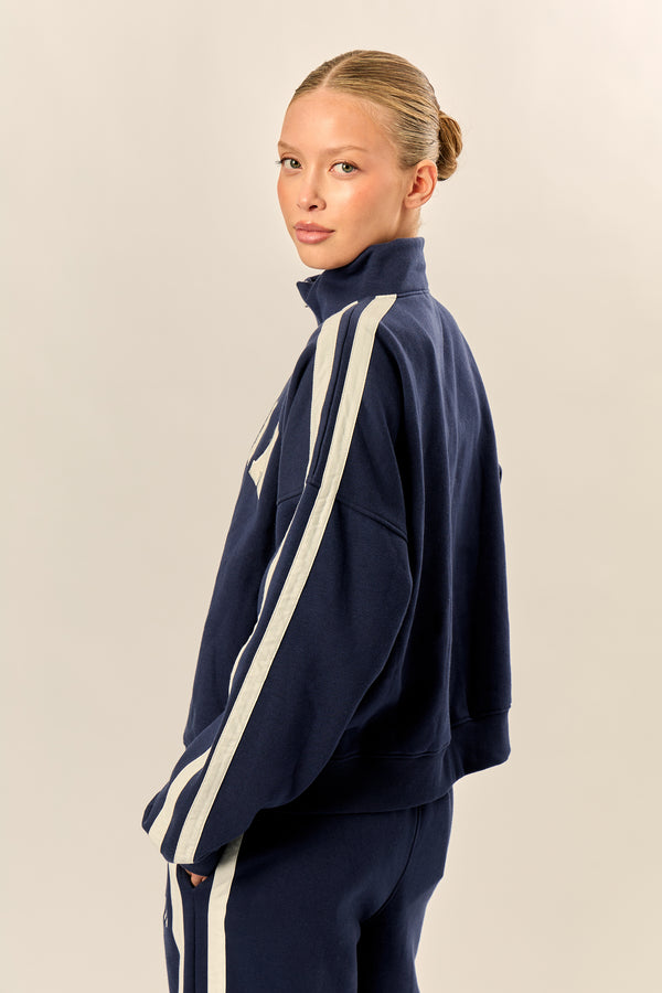 Kaiia Sport Stripe Funnel Neck Zip Through Sweatshirt Navy & Cream