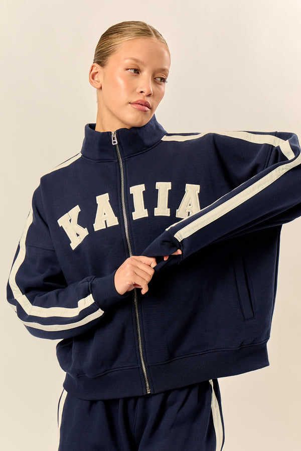 Kaiia Sport Stripe Funnel Neck Zip Through Sweatshirt Navy & Cream