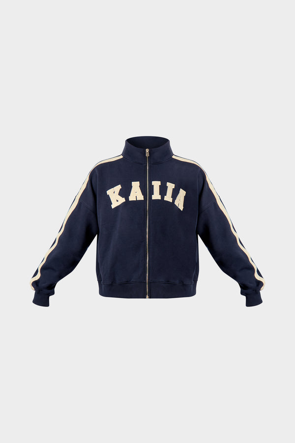Kaiia Sport Stripe Funnel Neck Zip Through Sweatshirt Navy & Cream