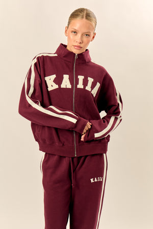 Kaiia Sport Stripe Funnel Neck Zip Through Sweatshirt Burgundy & Cream
