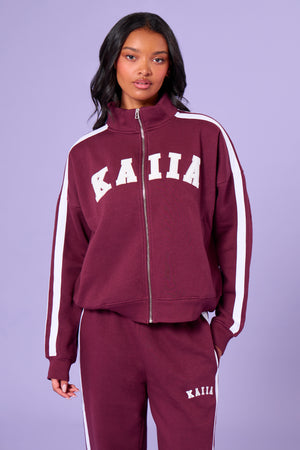 Kaiia Sport Stripe Funnel Neck Zip Through Sweatshirt Burgundy & Cream