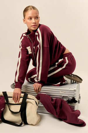 Kaiia Sport Stripe Funnel Neck Zip Through Sweatshirt Burgundy & Cream