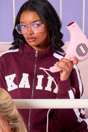 Kaiia Sport Stripe Funnel Neck Zip Through Sweatshirt Burgundy & Cream