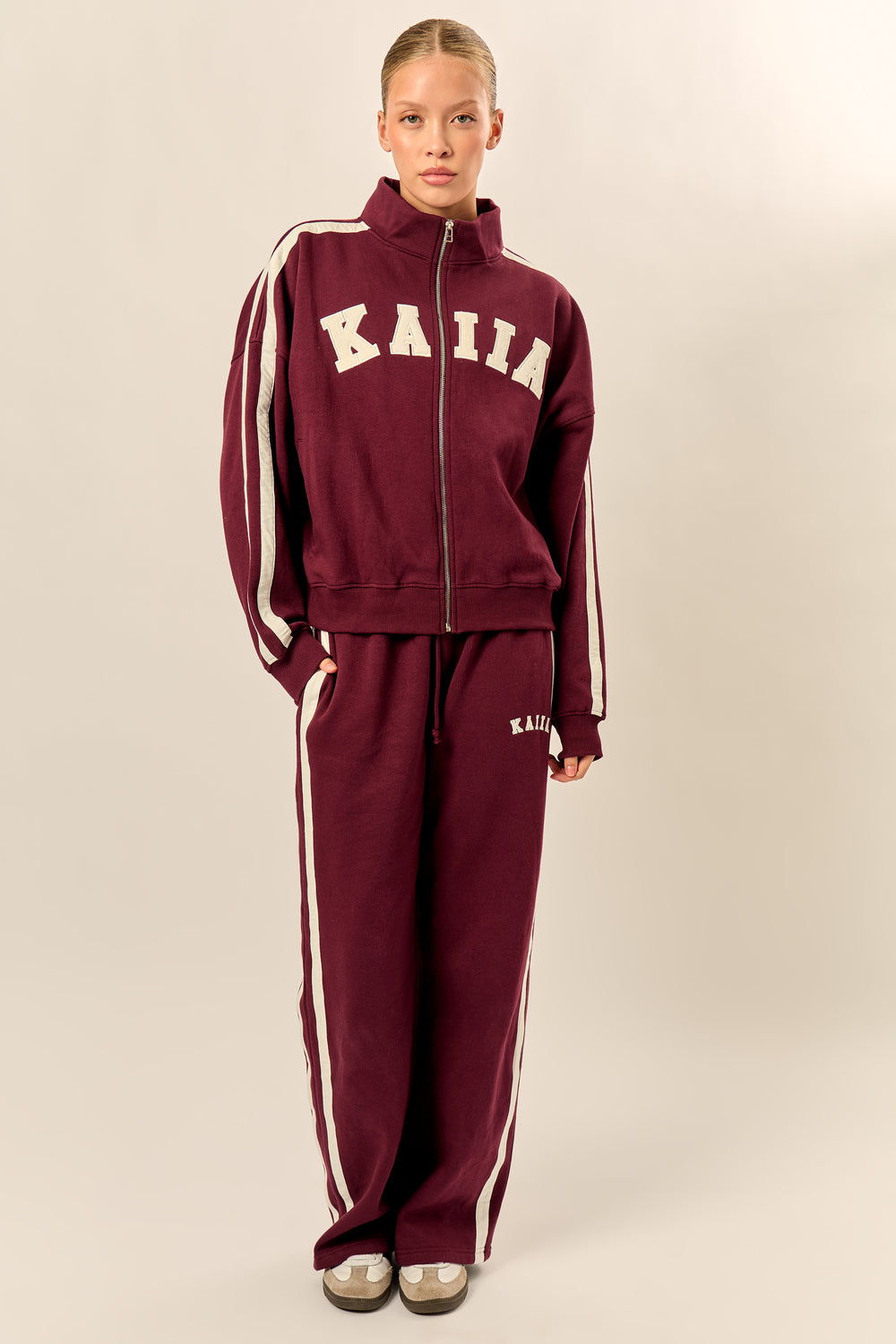 Kaiia Sport Stripe Funnel Neck Zip Through Sweatshirt Burgundy & Cream