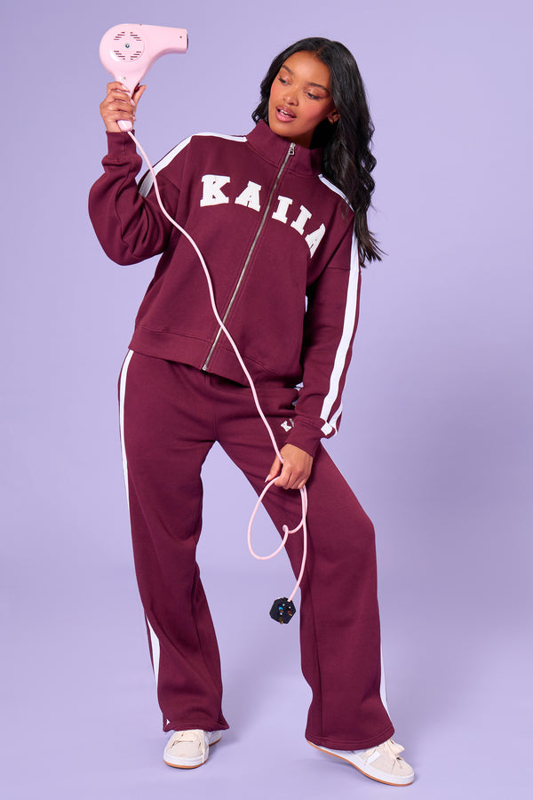 Kaiia Sport Stripe Funnel Neck Zip Through Sweatshirt Burgundy & Cream