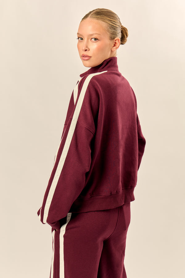 Kaiia Sport Stripe Funnel Neck Zip Through Sweatshirt Burgundy & Cream