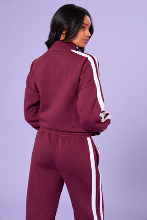 Kaiia Sport Stripe Funnel Neck Zip Through Sweatshirt Burgundy & Cream