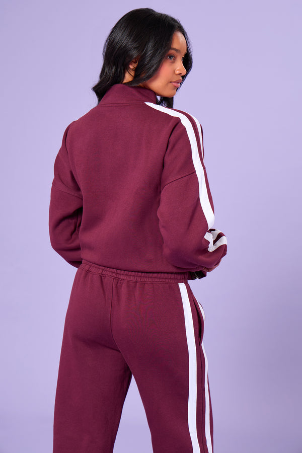 Kaiia Sport Stripe Funnel Neck Zip Through Sweatshirt Burgundy & Cream