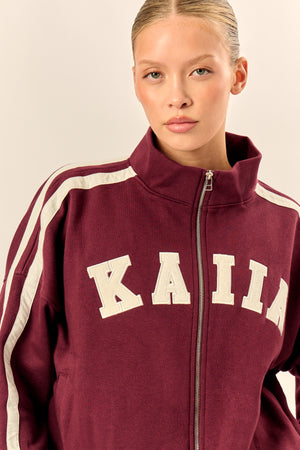 Kaiia Sport Stripe Funnel Neck Zip Through Sweatshirt Burgundy & Cream