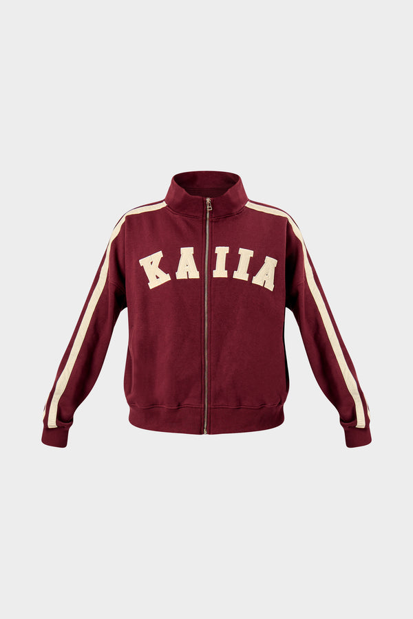 Kaiia Sport Stripe Funnel Neck Zip Through Sweatshirt Burgundy & Cream